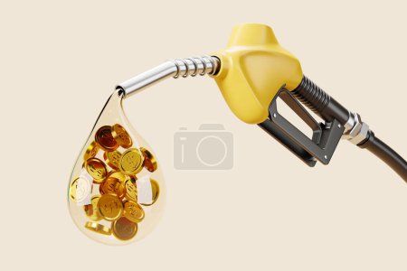 Téléchargez les photos : Buse de pompe à essence avec goutte d'huile et pièces d'or sur fond beige. Concept de prix du carburant et de crise. rendu 3D - en image libre de droit