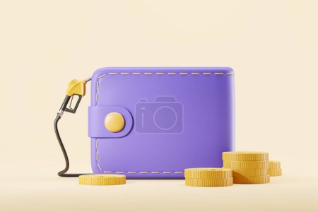 Foto de Purple wallet with fuel pump and stack of coins on beige background. Concept of crisis and gasoline. 3D rendering - Imagen libre de derechos