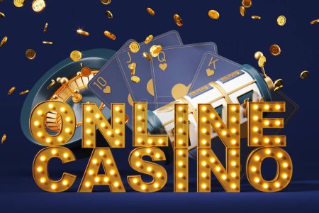 Online casino sign and royal flush cards with 777 jackpot, chips and roulette wheel on dark background with falling money. Concept of luck and success. 3D rendering