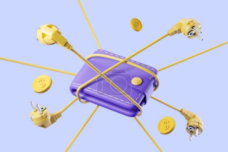 Foto de Los cordones eléctricos atan la billetera púrpura, cayendo monedas sobre fondo azul. Concepto de crisis y altos costos de electricidad. Renderizado 3D - Imagen libre de derechos
