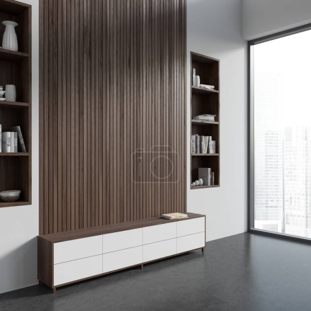 Photo for Light living room interior with sideboard on grey concrete floor, side view shelf with books and art decoration. Panoramic window on city view. Copy space wooden wall. 3D rendering - Royalty Free Image