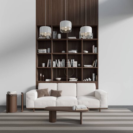 Téléchargez les photos : White living room interior with sofa and coffee table, carpet on grey concrete floor. Relax place and shelf with books and decoration. 3D rendering - en image libre de droit