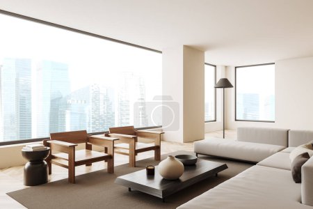 Foto de Vista de esquina en el luminoso interior de la sala de estar con ventanas panorámicas con vista a Singapur. Pared blanca, suelo de madera. Concepto de lugar espacioso en lugar tranquilo hecho para la idea creativa. renderizado 3d - Imagen libre de derechos