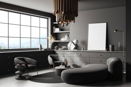 Photo for Dark living room interior with sofa, armchair and drawer with decoration, side view panoramic window on countryside. Mock up canvas poster. 3D rendering - Royalty Free Image
