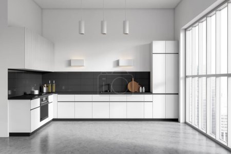 Photo for Front view on bright kitchen room interior with cupboard, white wall, gas cooker, sink, panoramic window, fridge, cooking inventory. Concept of minimalist design. 3d rendering - Royalty Free Image