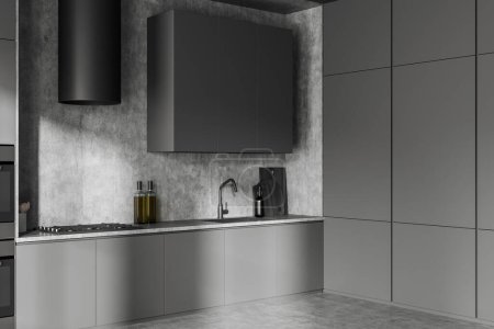 Photo for Dark kitchen interior with kitchenware on deck, side view grey concrete floor. Cooking corner with cabinet, minimalist shelves. 3D rendering - Royalty Free Image