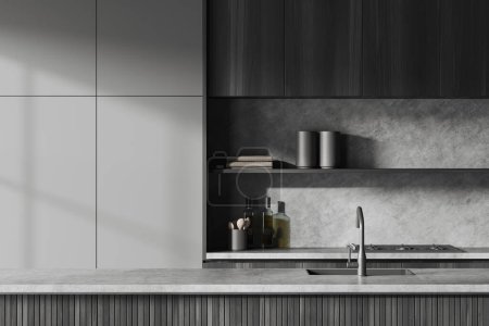 Téléchargez les photos : Dark kitchen interior with bar island, sink and stove with modern kitchenware on shelf. Dark cooking area with black wooden design. 3D rendering - en image libre de droit