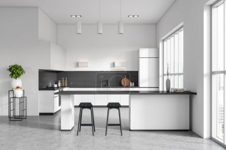 Photo for Stylish kitchen interior with bar island and chairs on grey concrete floor, sink with kitchenware and decoration. Panoramic window on skyscrapers. 3D rendering - Royalty Free Image