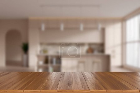 Foto de Wooden countertop on background of beige kitchen interior with panoramic window. Mockup copy space for product display. 3D rendering - Imagen libre de derechos