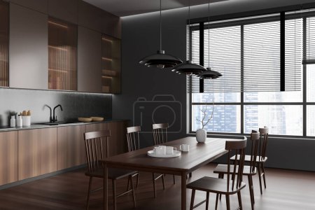 Téléchargez les photos : Modern kitchen interior with eating and cooking area, side view. Dining wooden table with chairs on hardwood floor. Panoramic window on skyscrapers. 3D rendering - en image libre de droit