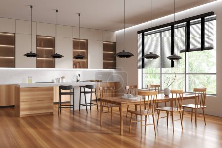 Photo for Wooden kitchen interior with bar island and cooking zone, side view. Dining wooden table with chairs on hardwood floor. Panoramic window on tropics. 3D rendering - Royalty Free Image