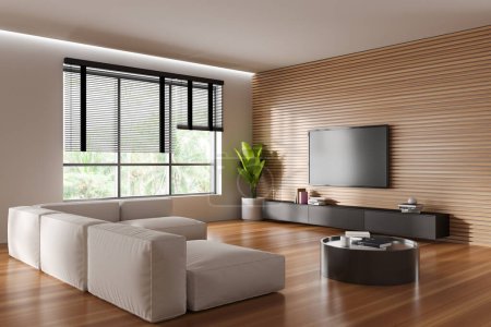Téléchargez les photos : Wooden living room interior with corner sofa, side view tv screen and sideboard with art decoration. Panoramic window on tropics. 3D rendering - en image libre de droit