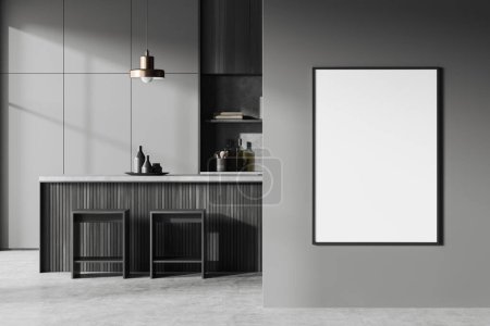Téléchargez les photos : Dark kitchen interior with bar island and stool on grey concrete floor. Cooking area with kitchenware and shelves. Mock up canvas poster on partition. 3D rendering - en image libre de droit