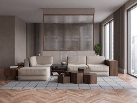 Stylish living room interior with sofa, coffee table and glass partition, relaxing area with drawer and decoration. Panoramic window on skyscrapers. 3D rendering