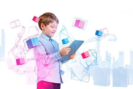 Photo for Boy in formal wear is holding tablet device with digital interface metaverse reality blockchain system. Cityscape in background. Concept of futuristic technology, virtual reality, progressive kids - Royalty Free Image