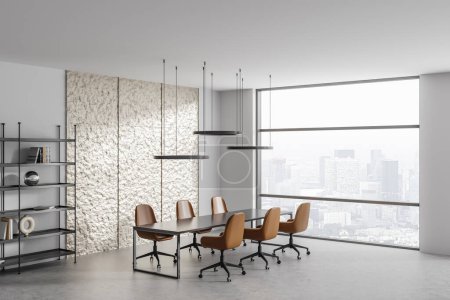 Foto de White conference interior with table and chairs, side view grey concrete floor. Stylish shelf with decoration and panoramic window on skyscrapers. 3D rendering - Imagen libre de derechos