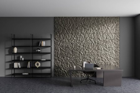 Photo for Dark ceo room interior with laptop on work desk, armchair on grey concrete floor. Minimalist shelf with decoration. Copy space wall. 3D rendering - Royalty Free Image