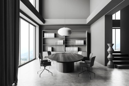 Photo for Dark conference interior with chairs and wooden board on grey concrete floor. Shelf with documents and panoramic window on countryside. 3D rendering - Royalty Free Image
