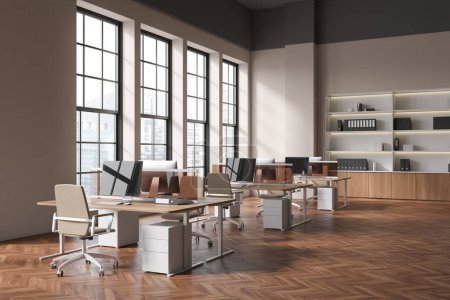Photo for Light business interior with coworking corner and pc computer, hardwood floor. Shelf with decor and documents near panoramic window on skyscrapers. 3D rendering - Royalty Free Image