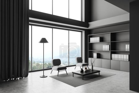 Téléchargez les photos : Dark office interior with waiting corner, side view two armchairs and shelf with documents. Panoramic window on countryside. 3D rendering - en image libre de droit