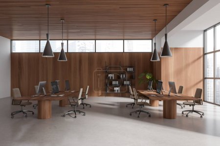 Photo for Modern business interior with work zone and shelf with documents. Coworking space with pc computer and panoramic window on skyscrapers. 3D rendering - Royalty Free Image