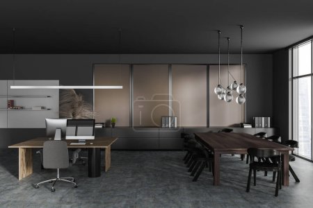 Téléchargez les photos : Dark business interior with coworking and conference zone, sideboard with documents and decor on grey concrete floor. Panoramic window on city view. 3D rendering - en image libre de droit