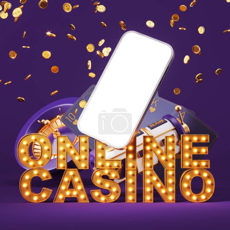 Photo for Smartphone mock up blank screen, online casino bulb sign with poker cards and falling coins. Concept of mobile app and game. 3D rendering - Royalty Free Image