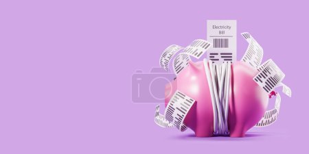 Foto de Piggy bank with electricity bill, tied up with cord, empty copy space purple background. Concept of crisis and high electricity costs. 3D rendering - Imagen libre de derechos
