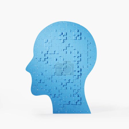 Photo for Human head made of different puzzle pieces on white background. Concept of logic, brain and mind. 3D rendering - Royalty Free Image