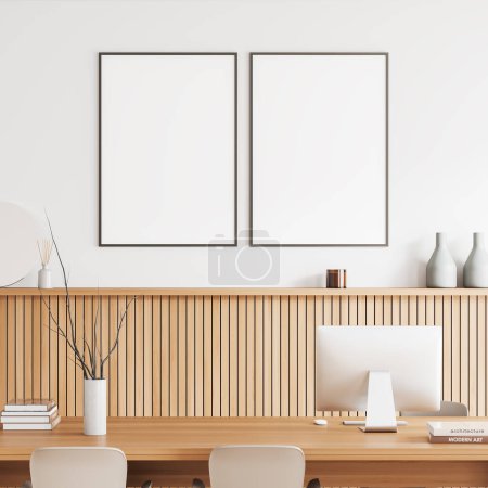 Photo for Modern office room interior with pc computer on desk, stylish art decoration on shelf. Two mockup canvas posters on white wall. 3D rendering - Royalty Free Image
