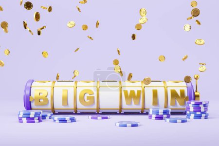 Photo for Casino slot machine with golden big win sign and falling coins on purple background. Concept of luck and success. 3D rendering - Royalty Free Image