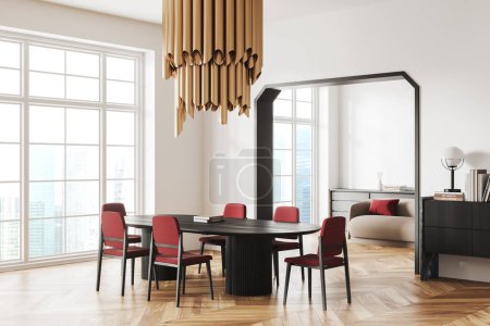 Foto de Luxury living room interior with dining table and chairs, side view. Sofa with drawer and decoration on background in the corner. Panoramic window on skyscrapers. 3D rendering - Imagen libre de derechos