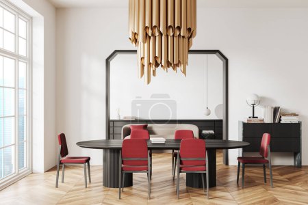 Téléchargez les photos : Salon confortable intérieur avec table à manger et chaises, plancher de bois franc. Canapé avec tiroir et décoration sur fond. Fenêtre panoramique sur les gratte-ciel. rendu 3D - en image libre de droit
