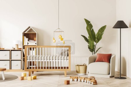 Photo for Front view on bright baby room with child bed, armchair, white wall, oak wooden hardwood floor, shelves, lamp, houseplant. Concept of nursery in soft design, cozy space for newborn kid - Royalty Free Image