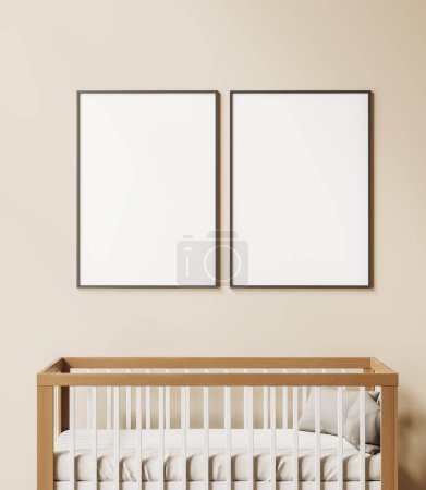 Foto de Beige baby room interior with wooden crib and linens. Nursery space with two mock up canvas posters in row. 3D rendering - Imagen libre de derechos