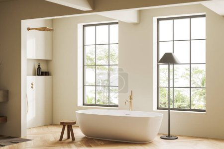 Photo for Beige bathroom interior with bathtub and shower in the corner, stool and lamp. Bathing area and panoramic window on tropics. 3D rendering - Royalty Free Image