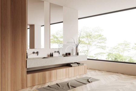 Photo for Beige bathroom interior with double sink and mirror, side view deck with bath accessories and decoration. Panoramic window on tropics. 3D rendering - Royalty Free Image