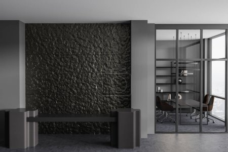 Foto de Front view on dark office room interior with conference board, partition, panoramic window, armchairs, grey wall, concrete floor. Concept of minimalist design. Place for meeting. 3d rendering - Imagen libre de derechos