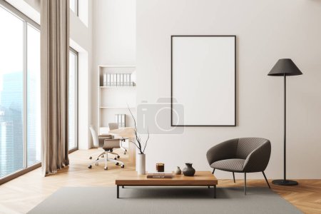 Photo for Front view on bright office room interior with empty white poster, panoramic window, armchair, white wall, meeting board, coffee table, wooden floor. Concept of minimalist design. Mockup. 3d rendering - Royalty Free Image