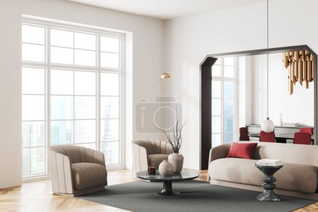 Téléchargez les photos : Corner view on bright living room interior with arch, sofa, panoramic window, armchairs, hardwood floor. Concept of minimalist design, relax space. Place for meeting. 3d rendering - en image libre de droit