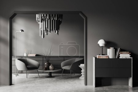 Photo for Front view on dark living room interior with arch, sideboard with books, armchairs, concrete floor. Concept of minimalist design, relax space. Place for meeting. 3d rendering - Royalty Free Image