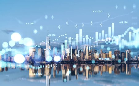 Téléchargez les photos : Stock market changes, forex business diagram with candlesticks and numbers. Double exposure with building in New York Manhattan, financial hologram and city panoramic view. - en image libre de droit