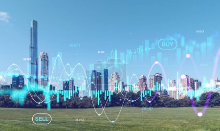 Photo for Stock market changes, forex business hologram with bar chart and candlestick. Double exposure with skyscrapers in New York, Manhattan panoramic view - Royalty Free Image