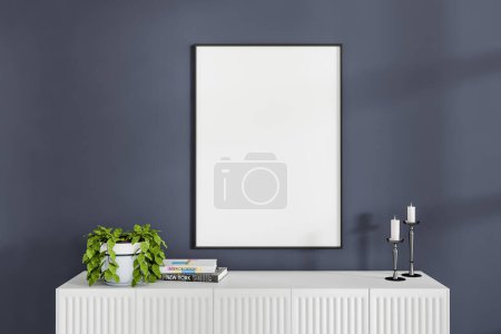 Photo for Blue exhibition room interior with sideboard and decoration, plant, books and candle. Gallery room with mock up poster on dark wall. 3D rendering - Royalty Free Image