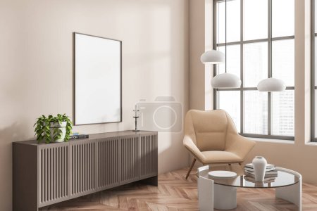 Téléchargez les photos : Beige living room interior, armchair and coffee table, side view, sideboard with art decoration. Panoramic window on city view, hardwood floor. Mock up blank poster. 3D rendering - en image libre de droit