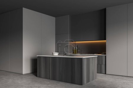 Photo for Dark kitchen interior and bar island with sink, stove and kitchenware. Deck with appliances, side view, shelves on grey concrete floor. 3D rendering - Royalty Free Image