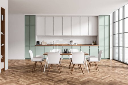 Téléchargez les photos : Modern kitchen interior with chairs and dining table on hardwood floor, front view. Kitchenware, shelf and panoramic window on city view. 3D rendering - en image libre de droit