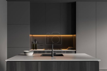 Foto de Dark kitchen interior with bar island, sink and stove. Kitchenware and towel on deck, shelf with backlight, front view. 3D rendering - Imagen libre de derechos