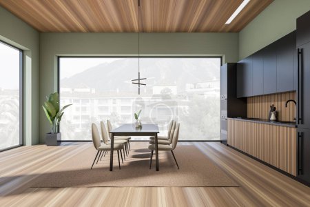 Foto de Side view on bright kitchen room interior with dining table with chairs, panoramic window, cupboard, green wall, sink, plates, lamps, oil, wooden floor. Concept of minimalist design. 3d rendering - Imagen libre de derechos