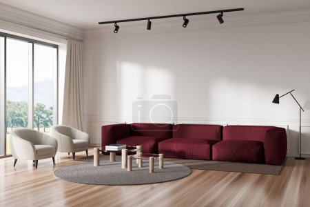 Photo for Living room interior with armchair and sofa, coffee table with books, side view, panoramic window on countryside. Mockup copy space beige wall, 3D rendering - Royalty Free Image